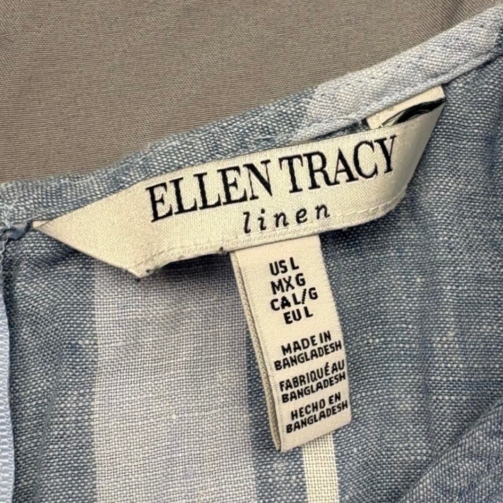 Ellen Tracy Linen Tank Top Blue White Striped Sleeveless Blouse Back Zip Mens L - Picture 7 of 8